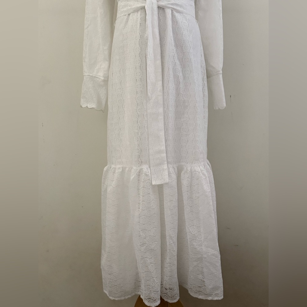 MALOU-FEMMES || Elegant White Ruffled Bib Lace Dress. Sz. EU 38 - US 6 - Picture 4 of 13
